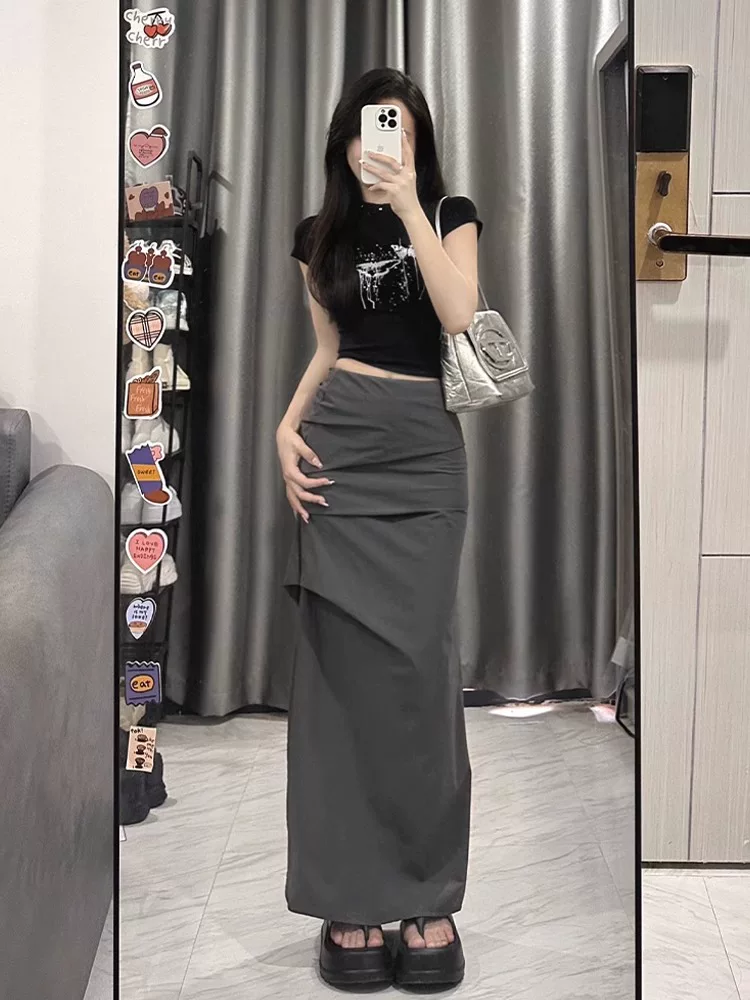 Váy công sở màu xám dành cho nữ, kiểu dáng mỏng mùa hè, cỡ lớn, lưng cao, xẻ tà, che bụng, giảm béo, váy bút chì dài vừa phải.