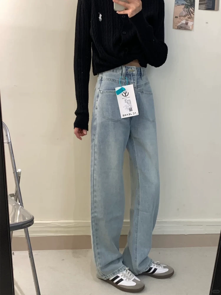 Quần jeans ống đứng màu xanh nhạt dành cho nữ thu đông 2024, size lớn, chất liệu lót lông dày giữ ấm, cạp cao, che hông, dáng rộng, tôn dáng