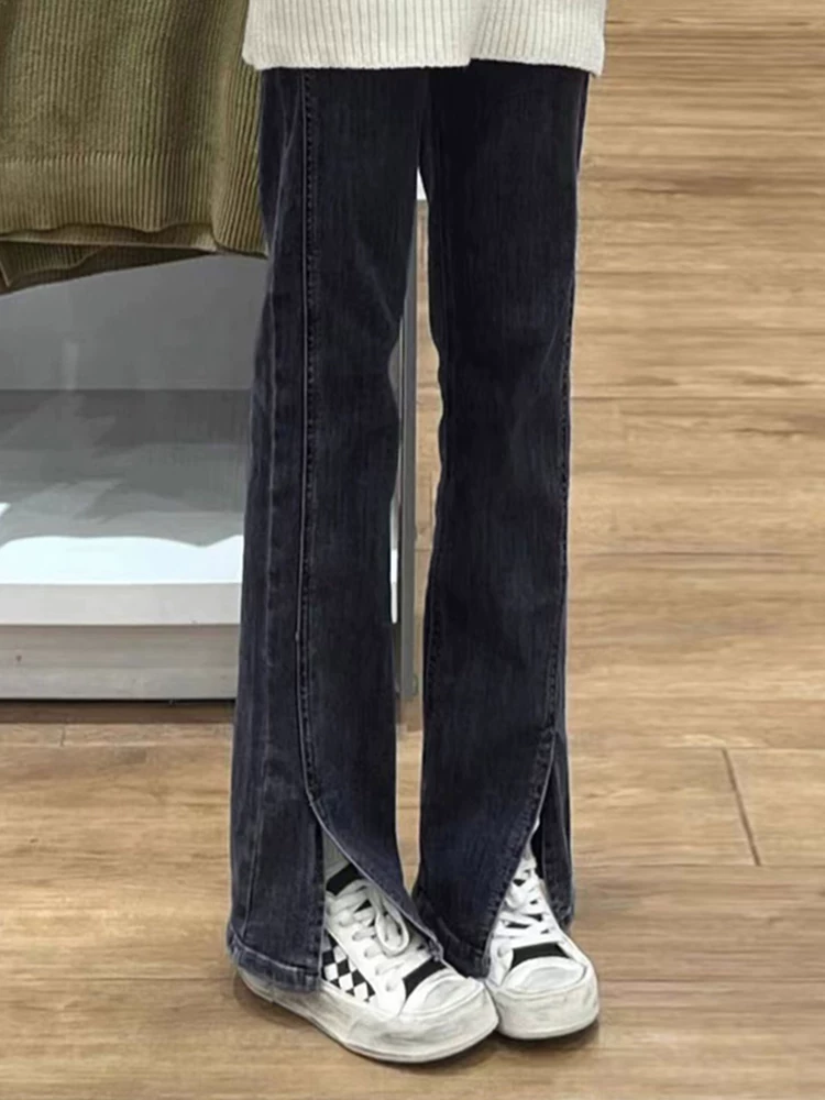 Quần jean dáng thẳng xẻ tà hình quả lê dành cho nữ, quần dài rộng ống rộng cạp cao có lót lông cừu mùa thu đông cỡ lớn dành cho người béo mm
