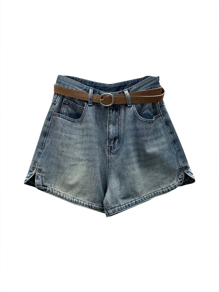 Quần short denim xẻ tà màu xanh cổ điển hình quả lê dành cho nữ, cỡ lớn mùa hè, cạp cao, quần ống rộng chữ A giảm béo, hợp thời trang.