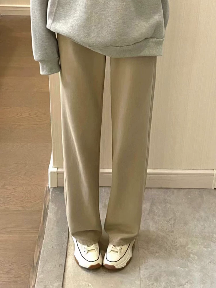 Quần jean ống đứng màu kaki cho nữ, cỡ lớn, phong cách mới mùa thu, lưng cao, dáng rộng, che hông, giảm béo, quần ống rộng