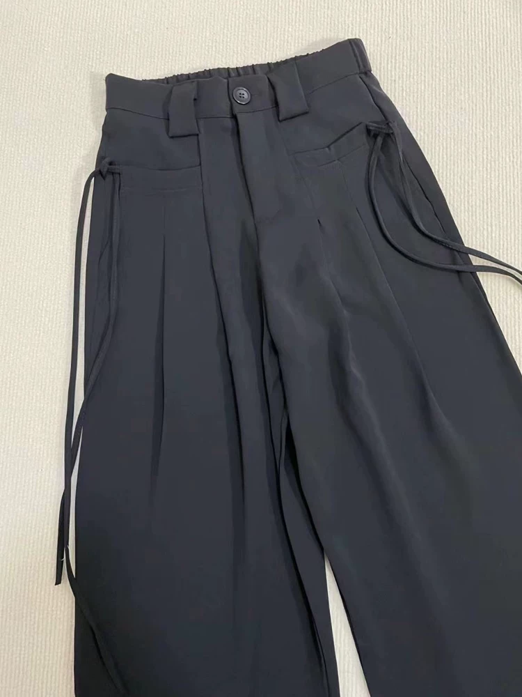 Quần âu dáng lê màu đen dành cho nữ, kiểu dáng mùa thu mới, size lớn, cạp cao, dáng rộng, tôn dáng, kiểu dáng vest, quần ống rộng.