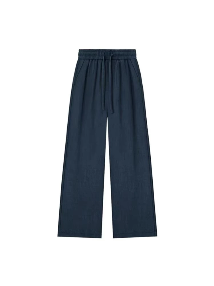 Quần vải lanh Tencel màu xanh hải quân dành cho nữ, kiểu dáng mỏng mùa hè, cỡ lớn, lưng cao, che hông, giảm béo, quần ống rộng bằng vải lụa băng.