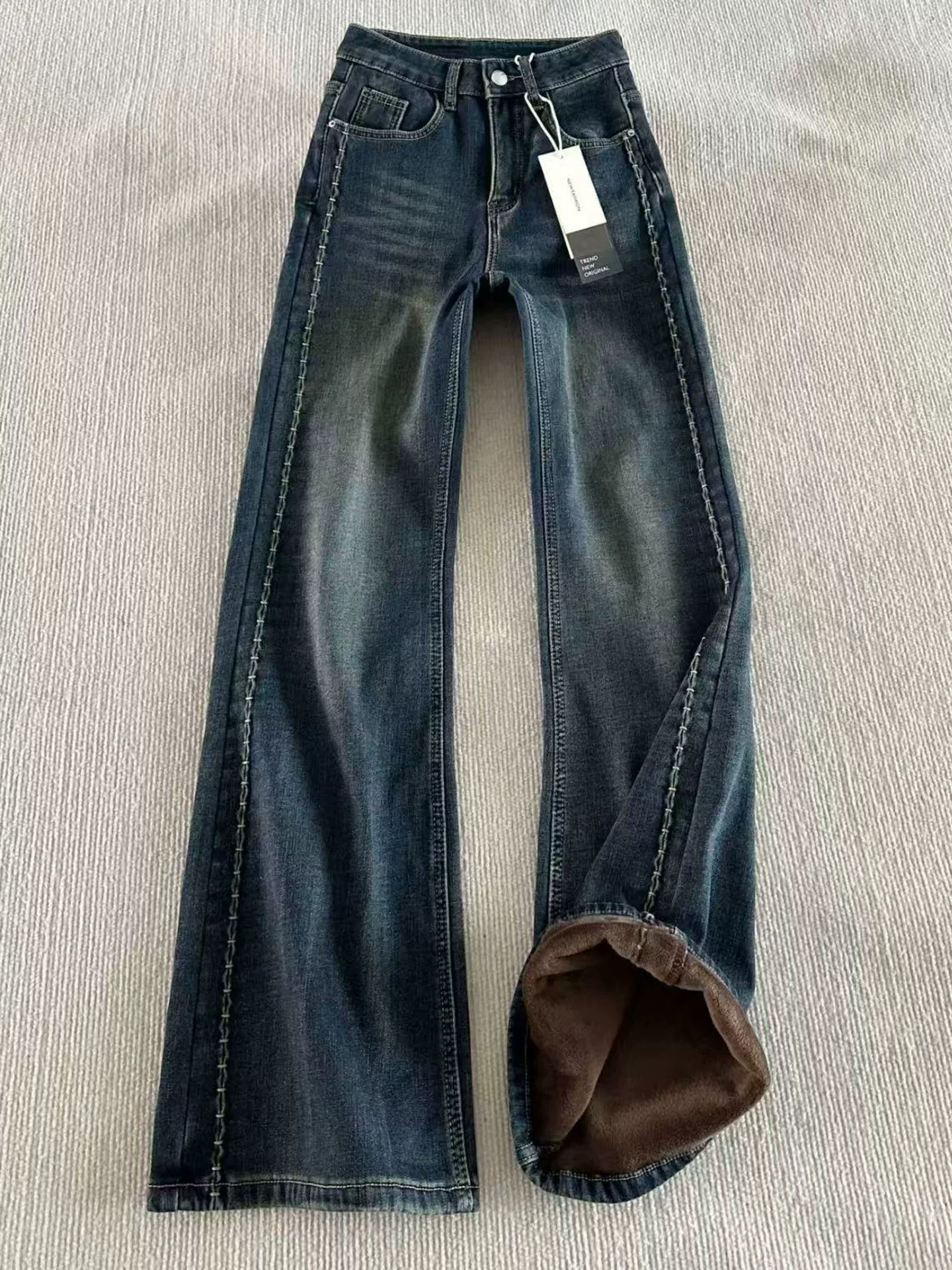 Quần jean dày dặn, không bó sát, lót lông cừu, phong cách retro Mỹ dành cho nữ, mùa đông, cỡ lớn, lưng cao, dáng rộng, tôn dáng, quần ống rộng.