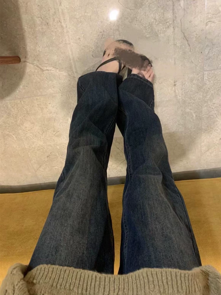 Quần jean ống rộng dáng quả lê dành cho nữ, size lớn mùa thu, lưng cao, dáng rộng, tôn dáng, không bó sát chân, quần ống chuông