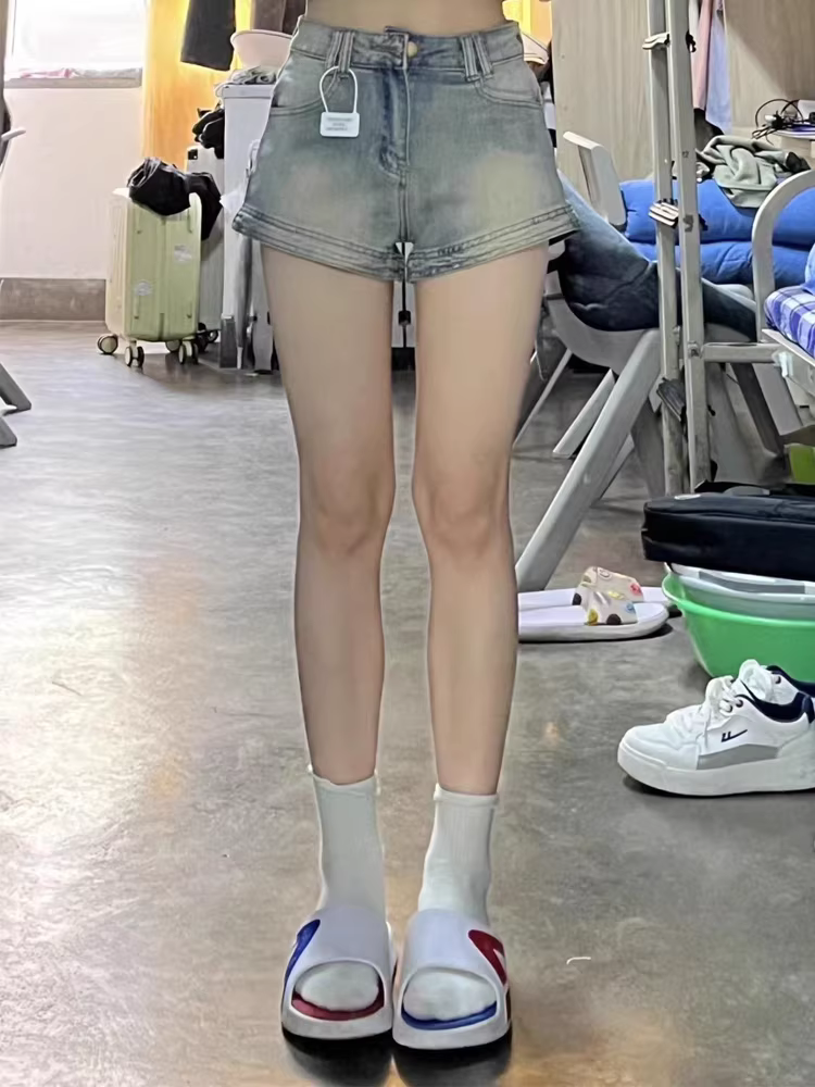 Quần short denim dáng lê dành cho nữ, size lớn mùa hè, dáng nhỏ nhắn, cạp cao, co giãn, tôn dáng, quần short chữ A gợi cảm