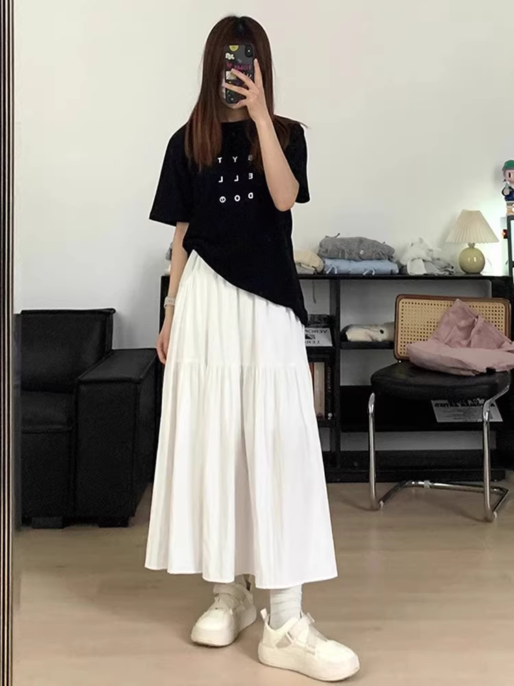 Váy midi trắng cho nữ, size lớn mùa hè, lưng cao, dáng rộng, tôn dáng, dành cho người có dáng quả lê, váy chữ A, váy dù dài ngang đùi.