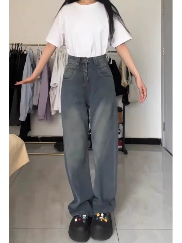 Quần jeans ống đứng kiểu vintage dành cho nữ dáng quả lê, thu đông 2024, size lớn, cạp cao, che hông, quần ống rộng tôn dáng