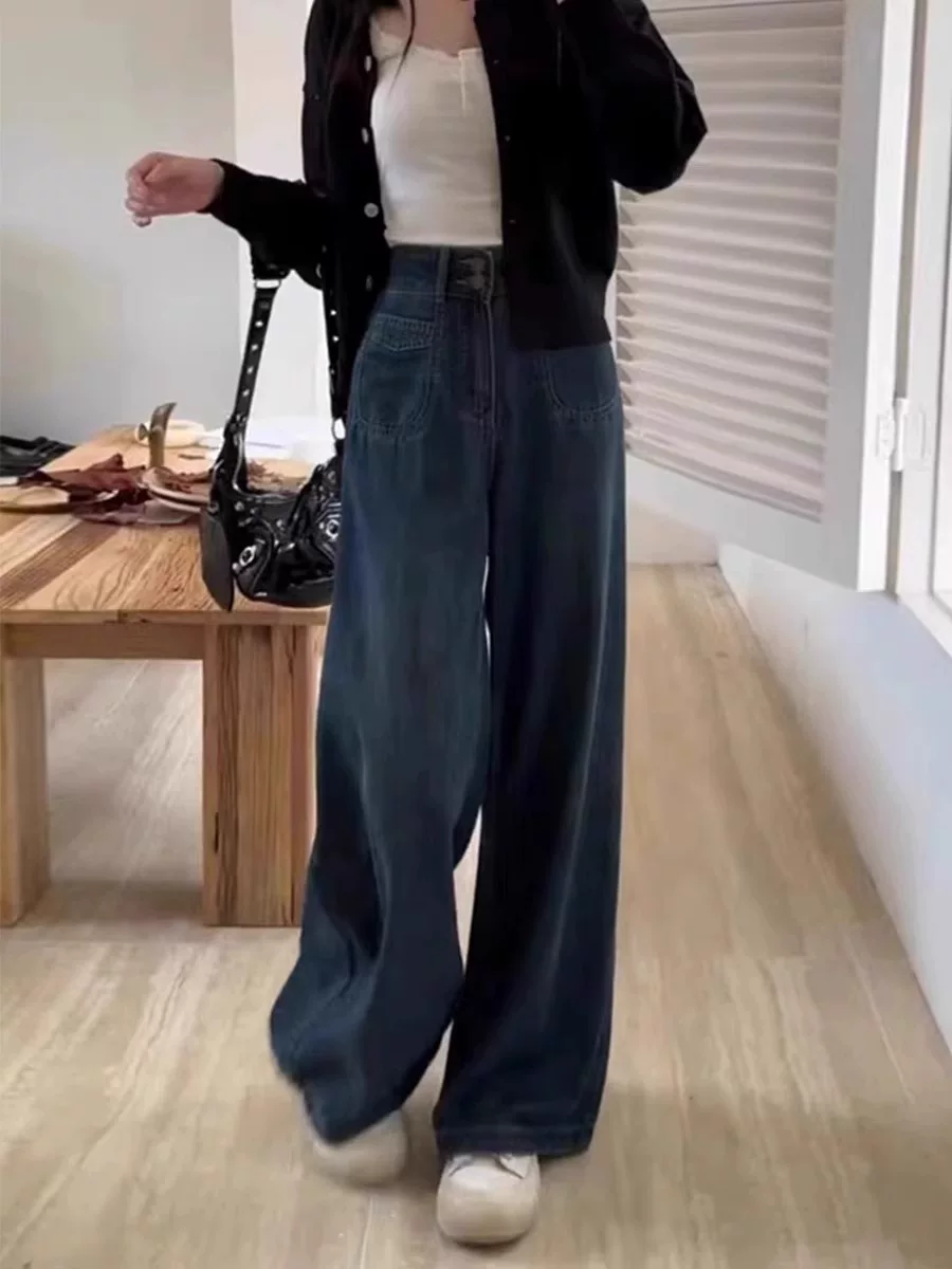 Quần jean ống rộng kiểu dáng lười biếng dành cho nữ, cỡ lớn, kiểu dáng mùa thu mới dành cho người có thân hình quả lê, lưng cao, dáng rộng, dáng thon gọn, quần dài đến sàn