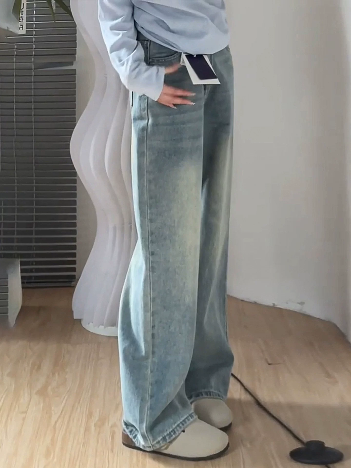 Quần jean ống rộng màu sáng cho nữ, mùa thu, cỡ lớn, lưng cao, dáng rộng, thon gọn, dáng quả lê, ống thẳng, quần dài chạm sàn