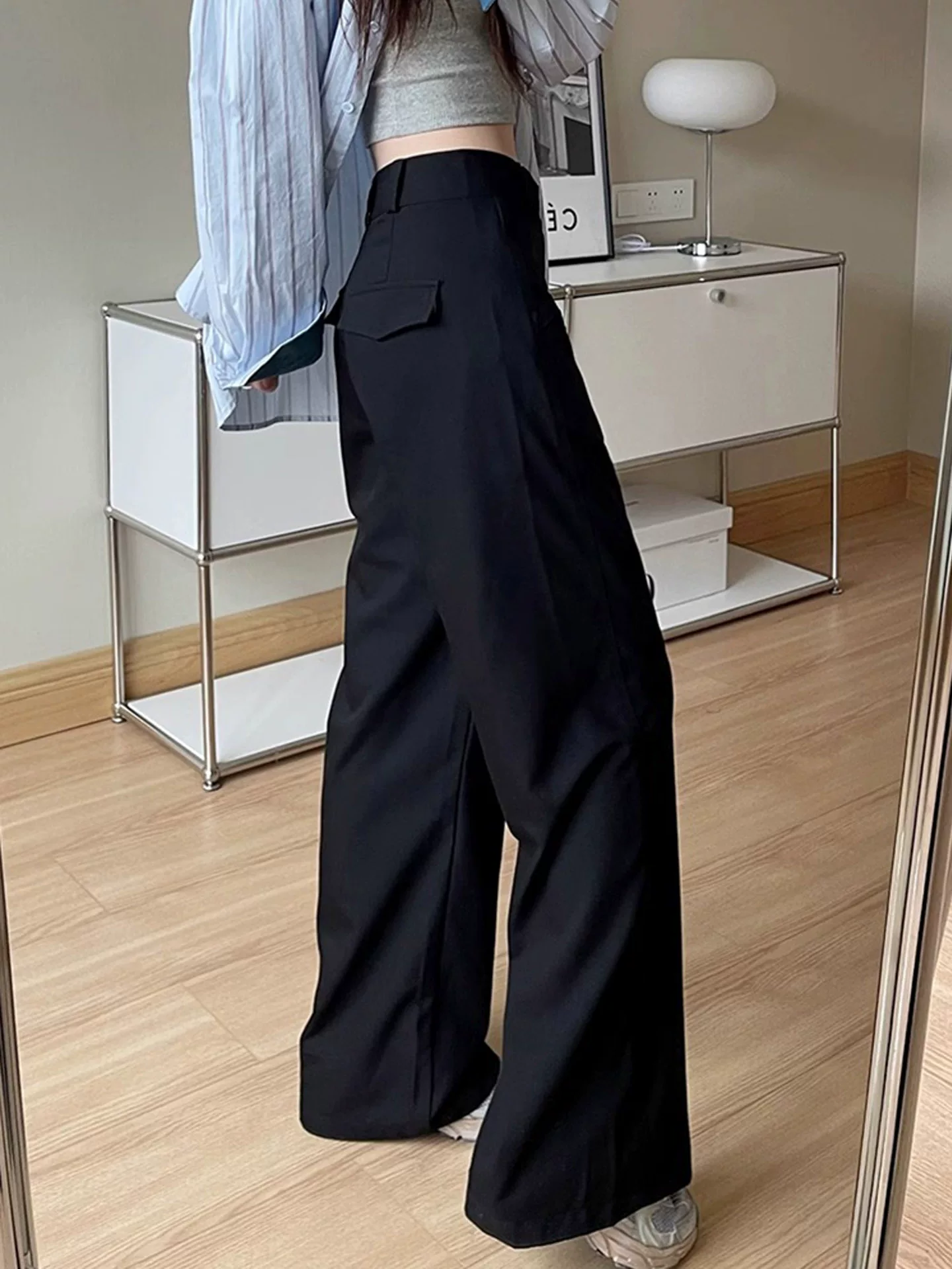 Quần âu dáng quả lê màu đen dành cho nữ, kiểu dáng mùa thu mới, cỡ lớn, lưng cao, mềm mại, tôn dáng, quần ống rộng