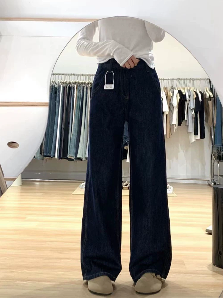 Quần jean ống đứng màu xanh đậm dáng quả lê dành cho nữ đầu thu cỡ lớn quần ống rộng che hông eo cao giúp giảm béo