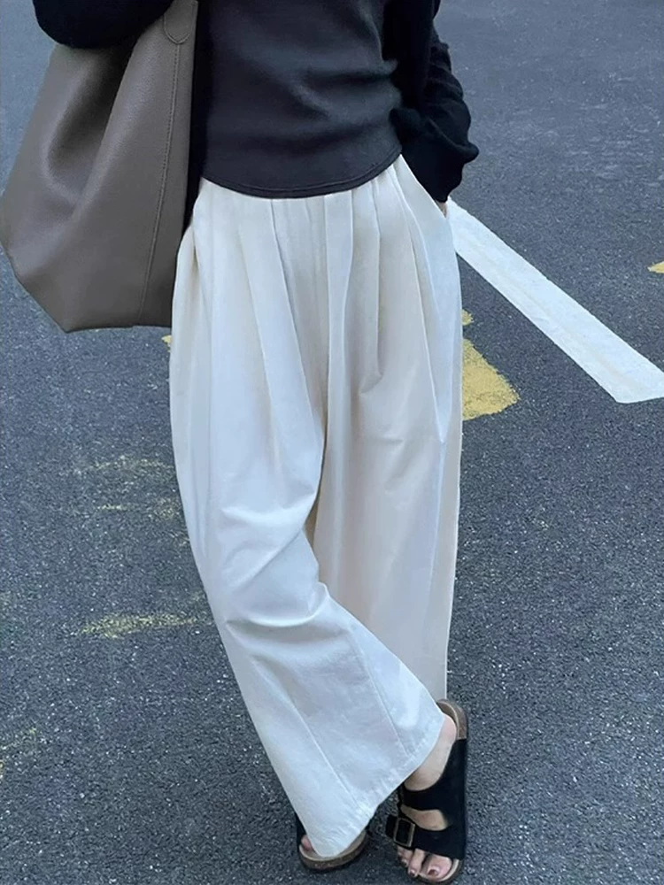 Quần ống rộng màu trắng dành cho nữ, mùa hè, cỡ lớn, lưng cao, dáng rộng, thon gọn, dáng quả lê, quần bóng dáng chín phần.