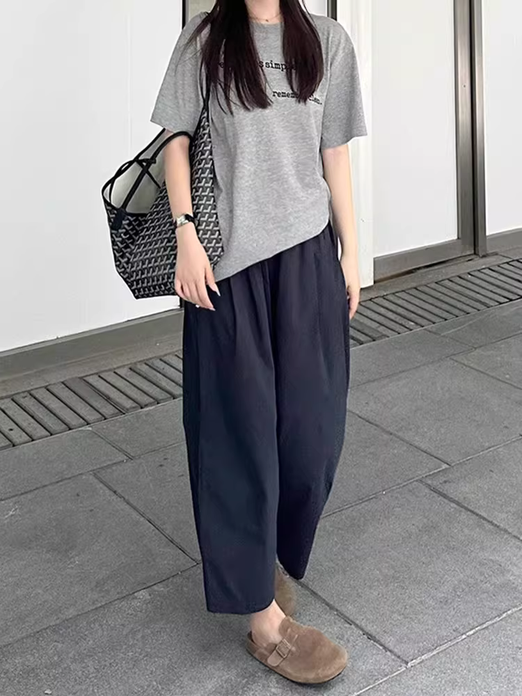 Quần đen thường ngày dành cho nữ, mùa hè, dáng nhỏ, cỡ lớn, lưng cao, dáng rộng, dáng thon gọn, quần Yamamoto ống rộng cắt ngắn