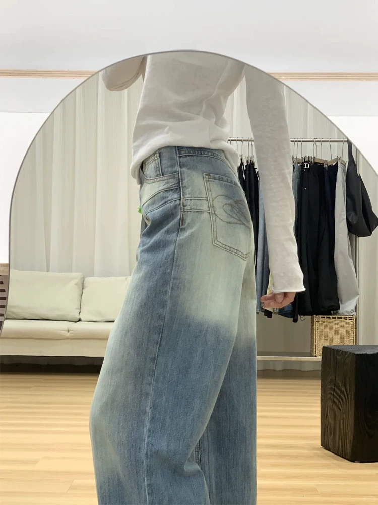 Quần jean ống đứng nữ, kiểu mới xuân 2025, size lớn, thiết kế tinh tế, cạp cao, dáng rộng, che hông, tôn dáng, quần ống rộng.