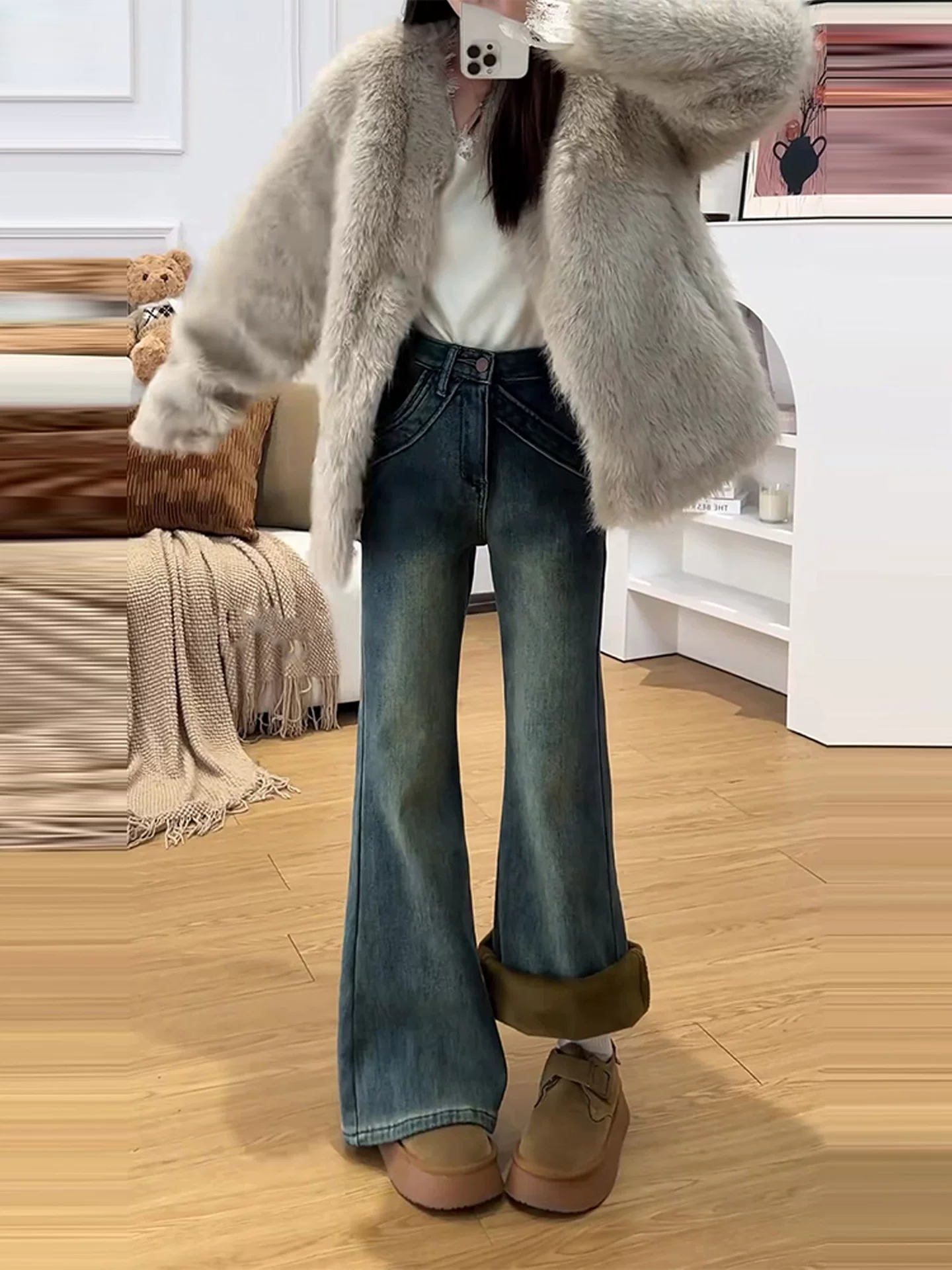 Quần jean ống loe cổ điển dành cho nữ, mùa thu đông, cỡ lớn, cạp cao, co giãn, che hông, dáng nhỏ nhắn, lót lông cừu, quần ống chuông dày dặn