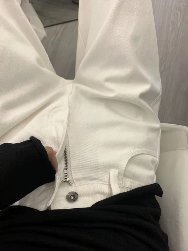 Quần jeans trắng ống đứng nữ thu đông 2024 lót lông dày dặn, size lớn, cạp cao, dáng rộng, tôn dáng