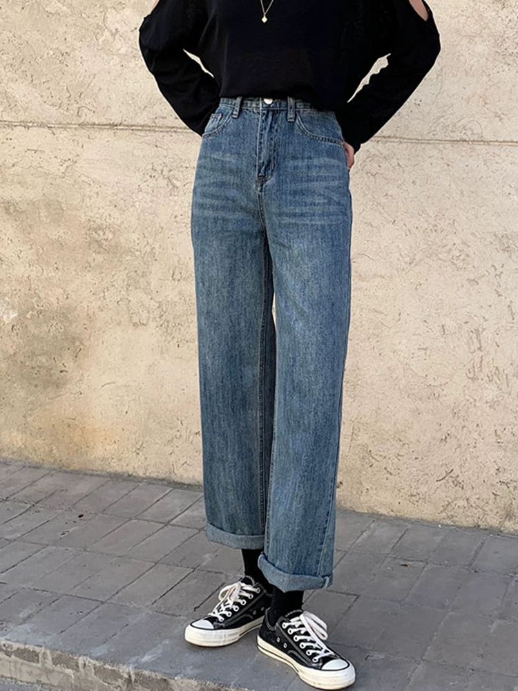 Quần jean ống thẳng dáng quả lê dành cho nữ, mặc đầu thu, cỡ lớn, kiểu dáng hơi mũm mĩm, lưng cao, dáng rộng, dáng thon gọn, quần lửng, hợp thời trang.