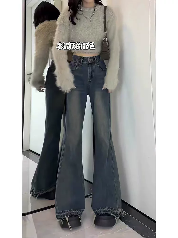 Quần jeans ống loe kiểu Mỹ cổ điển dành cho nữ mùa thu đông 2024, lót lông cừu, size lớn, cạp cao, dáng rộng, tôn dáng, kiểu chuông