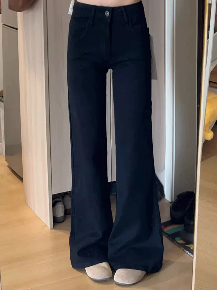 Quần jean đen ống loe dáng thẳng dành cho nữ, thu đông 2025, size lớn, cạp cao, rộng rãi, tôn dáng, quần ống chuông rộng