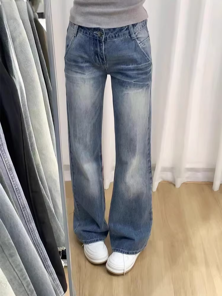 Quần jean ống đứng kiểu Mỹ cổ điển dành cho nữ, phong cách mùa thu mới, cỡ lớn, lưng cao, che hông, giảm béo, quần ống rộng hẹp.