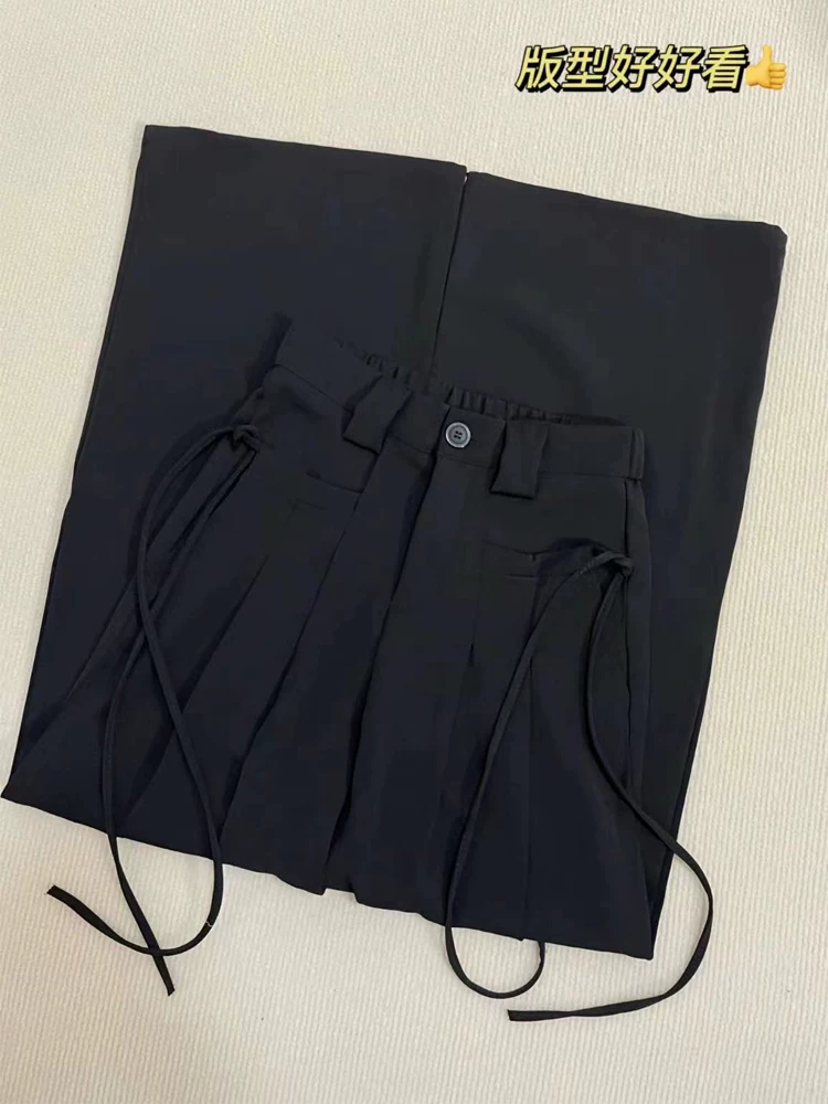 Quần âu dáng lê màu đen dành cho nữ, kiểu dáng mùa thu mới, size lớn, cạp cao, dáng rộng, tôn dáng, kiểu dáng vest, quần ống rộng.