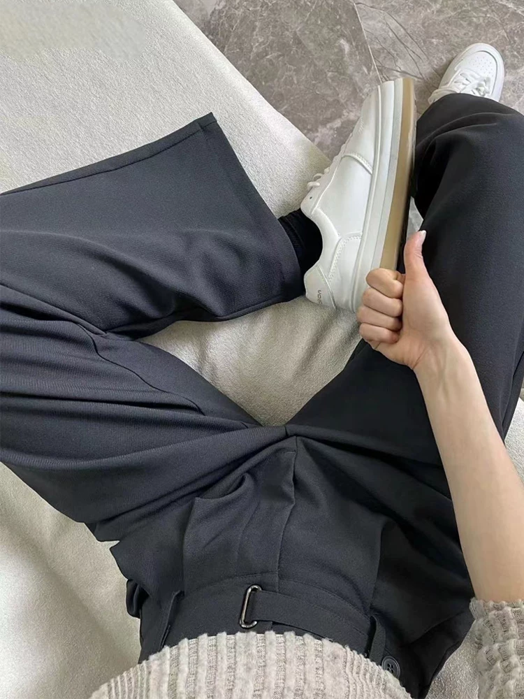 Quần âu ống đứng màu xám dành cho nữ, phong cách mới đầu thu, cỡ lớn, lưng cao, mềm mại, che hông, giảm béo, quần ống rộng thông thường