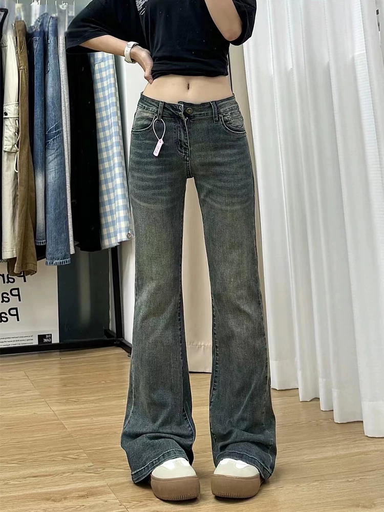 Quần jean xanh vintage dáng loe dành cho nữ, mặc đầu thu, size lớn, cạp cao, co giãn, che hông, quần ống loe tôn dáng.