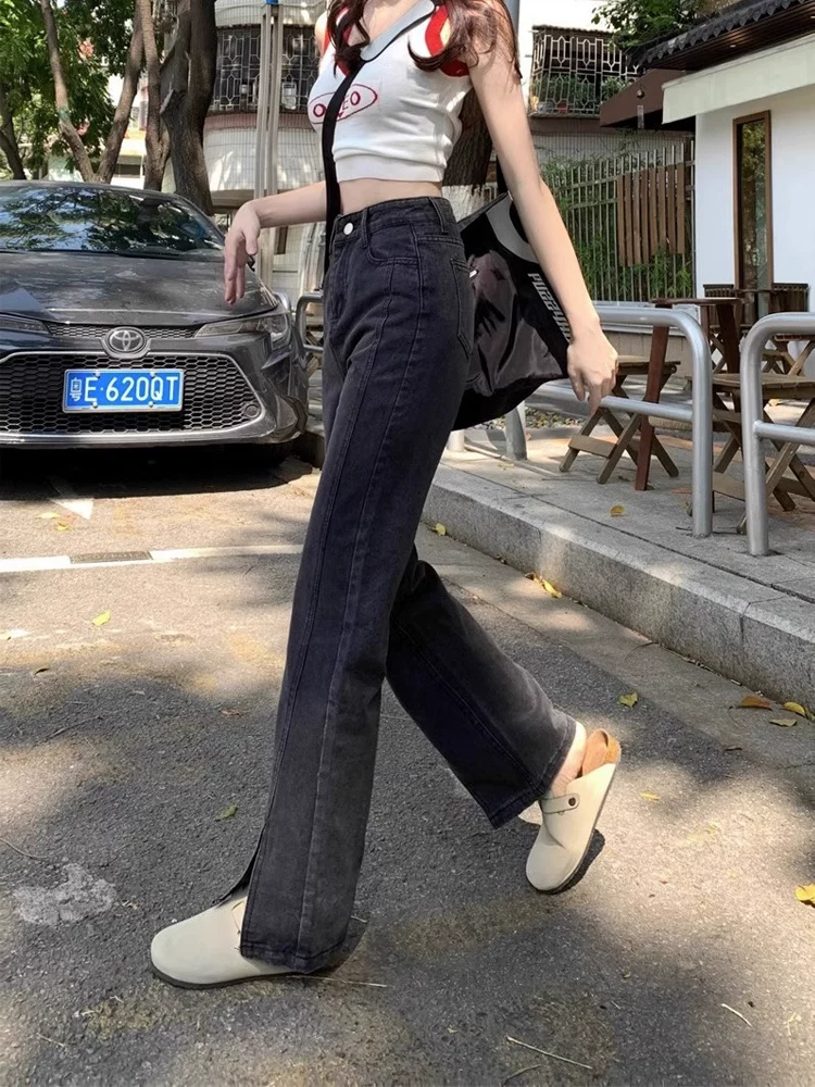 Quần jean ống đứng dáng lê dành cho nữ, cỡ lớn, phong cách mới đầu thu, lưng cao, dáng rộng, tôn dáng, quần ống rộng