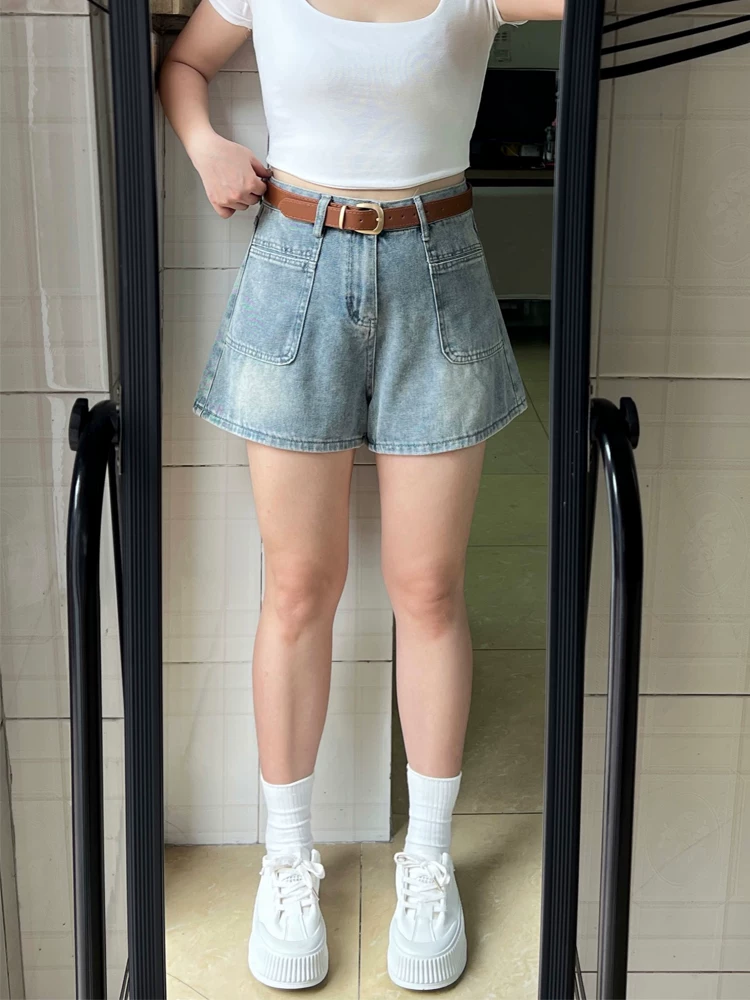 Quần short denim dáng lê dành cho nữ, size lớn mùa hè, dáng nhỏ nhắn, cạp cao, che hông, quần ống rộng chữ A tôn dáng