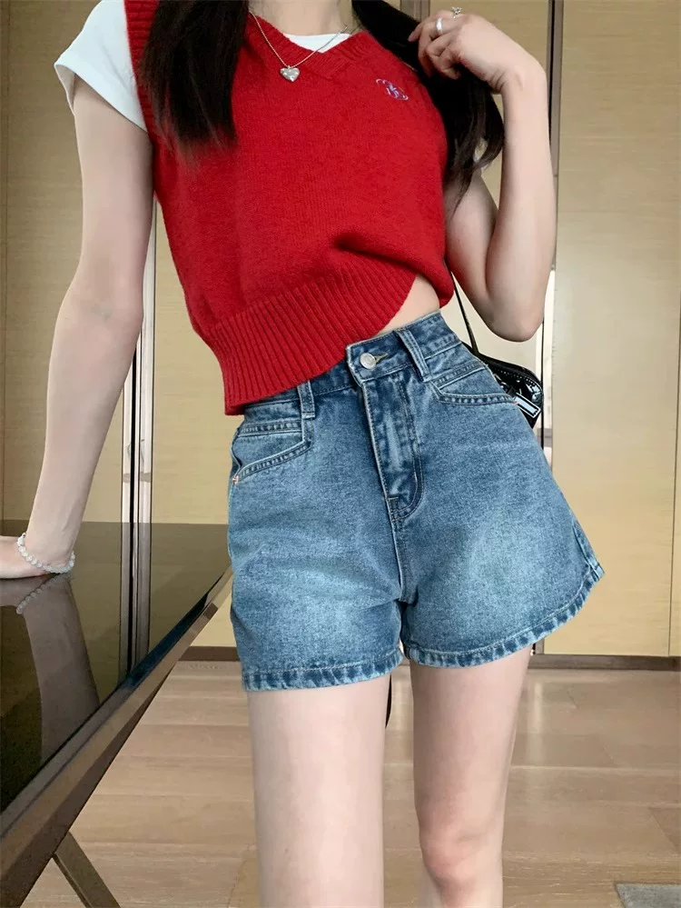Quần short denim dáng lê dành cho nữ, kiểu dáng mỏng mùa hè, cỡ lớn, cạp cao, che hông, quần ống rộng chữ A tôn dáng.