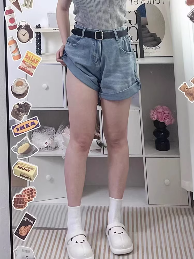 Quần short denim dáng quả lê dành cho nữ, size lớn mùa hè, cạp cao, che hông, che bụng, dáng rộng, tôn dáng, quần ống rộng dáng chữ A.