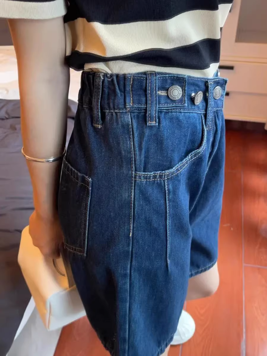 Quần short denim cạp cao dáng chữ A, dáng rộng, tôn dáng, kiểu dáng mỏng nhẹ mùa hè, dành cho nữ, size lớn, dáng quả lê.