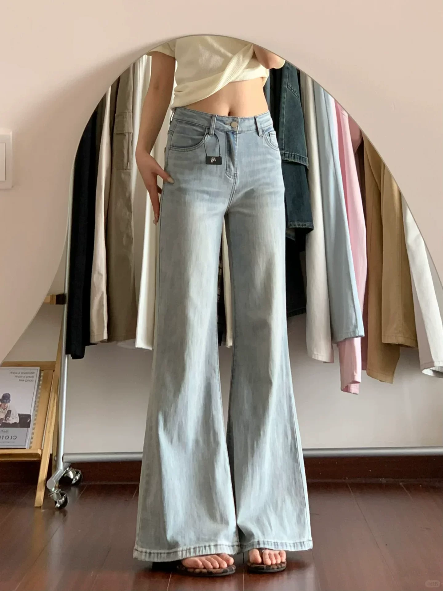 Quần jean xòe màu xanh nhạt dành cho nữ, kiểu dáng mỏng mùa hè, cỡ lớn, lưng cao, co giãn, tôn dáng, không bó sát, quần ống chuông