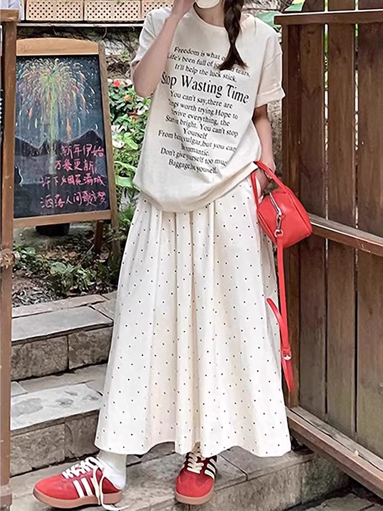 Váy chấm bi trắng cho nữ, cỡ lớn mùa hè, lưng cao, che hông, giảm béo, dáng quả lê, váy chữ A dài vừa phải.