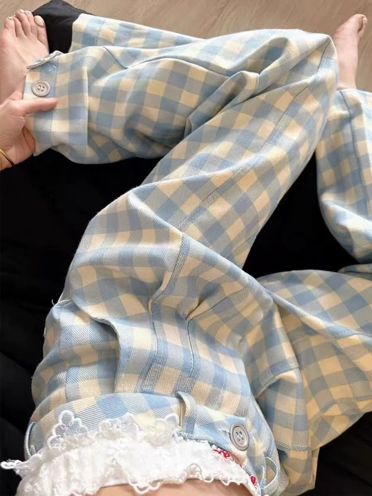 Quần kẻ xanh nữ mùa hè 2025 kiểu mới, size lớn, cạp cao, dáng rộng, tôn dáng, thẳng, chất liệu kaki, phong cách thường ngày