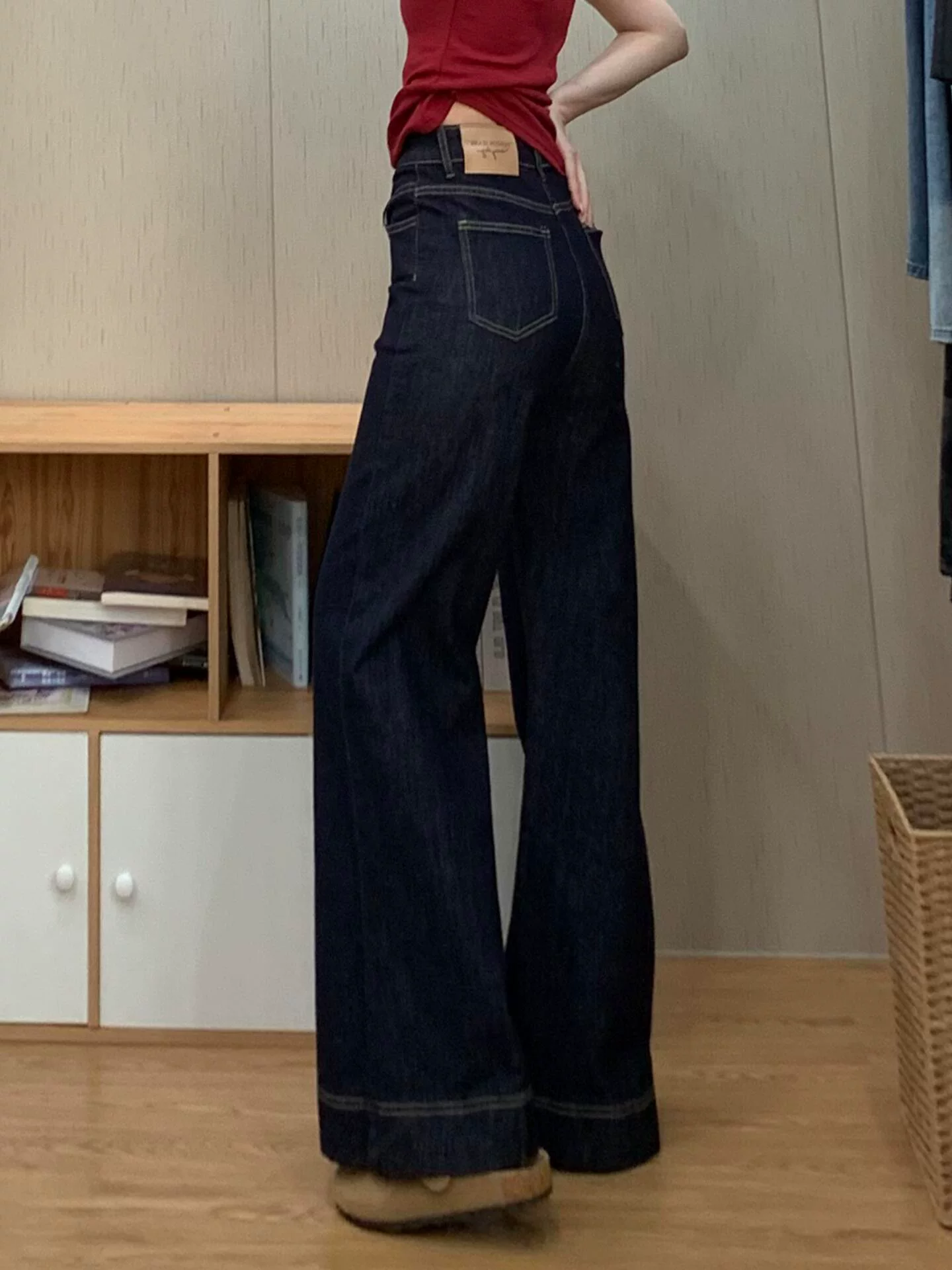 Quần jean xanh denim lưng cao dáng loe dành cho nữ, mùa thu, size lớn, co giãn, che hông, tôn dáng, dành cho người có thân hình quả lê, quần ống chuông