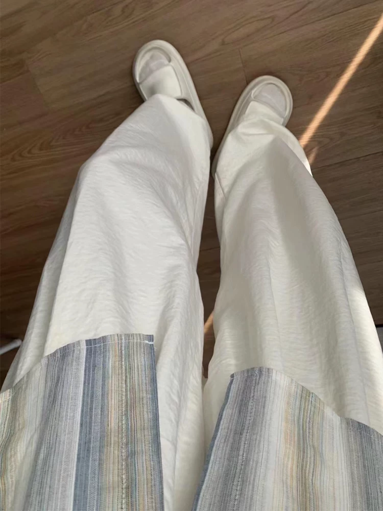 Quần âu dáng lê màu trắng dành cho nữ, kiểu dáng mỏng mùa hè, cỡ lớn, lưng cao, mềm mại, tôn dáng, quần ống rộng.