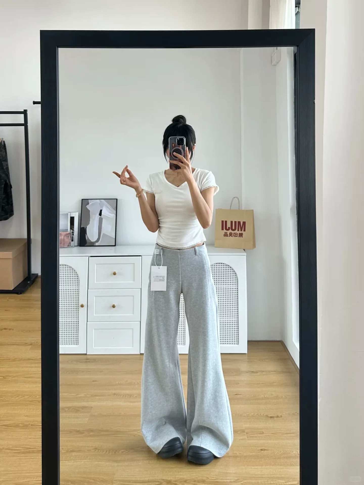 Quần ống loe màu xám lười biếng dành cho nữ, mùa thu đông, cỡ lớn, lưng cao, giảm béo, dáng suôn, dáng quả lê, quần thể thao ống rộng