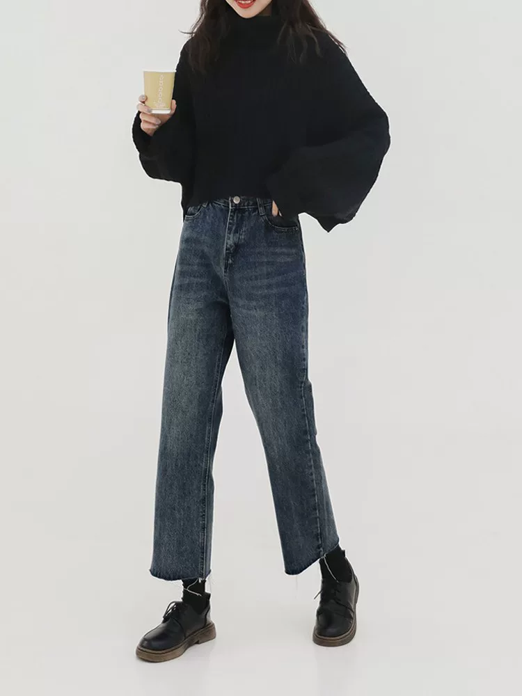 Quần jean ống đứng dáng lê, trang phục đầu thu dành cho phụ nữ nhỏ nhắn hơi mũm mĩm, quần cạp cao che hông, dáng rộng, tôn dáng, kiểu dáng thời thượng