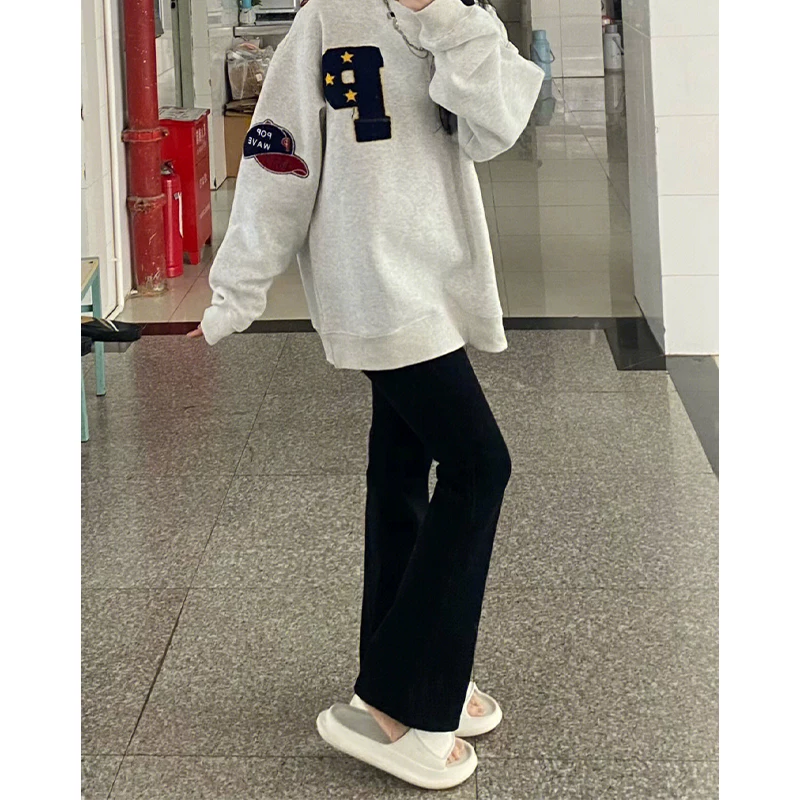 Quần jean ống thẳng dáng quả lê dành cho nữ, mặc đầu thu, cỡ lớn, lưng cao, che hông, giảm béo, co giãn, quần hơi loe, hợp thời trang.