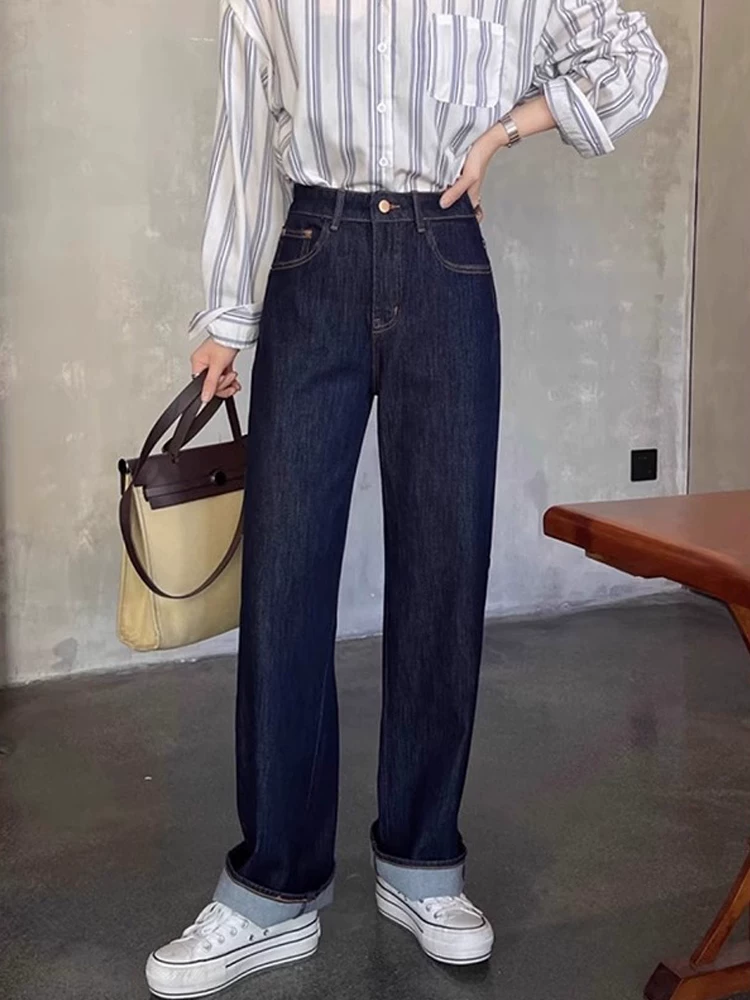 Quần jean ống rộng màu xanh đậm dành cho nữ, cỡ lớn, kiểu dáng mới mùa thu, lưng cao, dáng rộng, co giãn, giảm béo, ống thẳng, quần dài đến sàn.