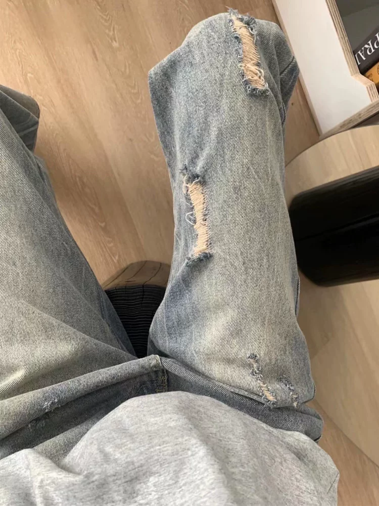 Quần jean rách màu xanh cổ điển hình quả lê dành cho nữ, cỡ lớn mùa thu, cạp cao, dáng rộng, che hông, quần ống rộng giảm béo
