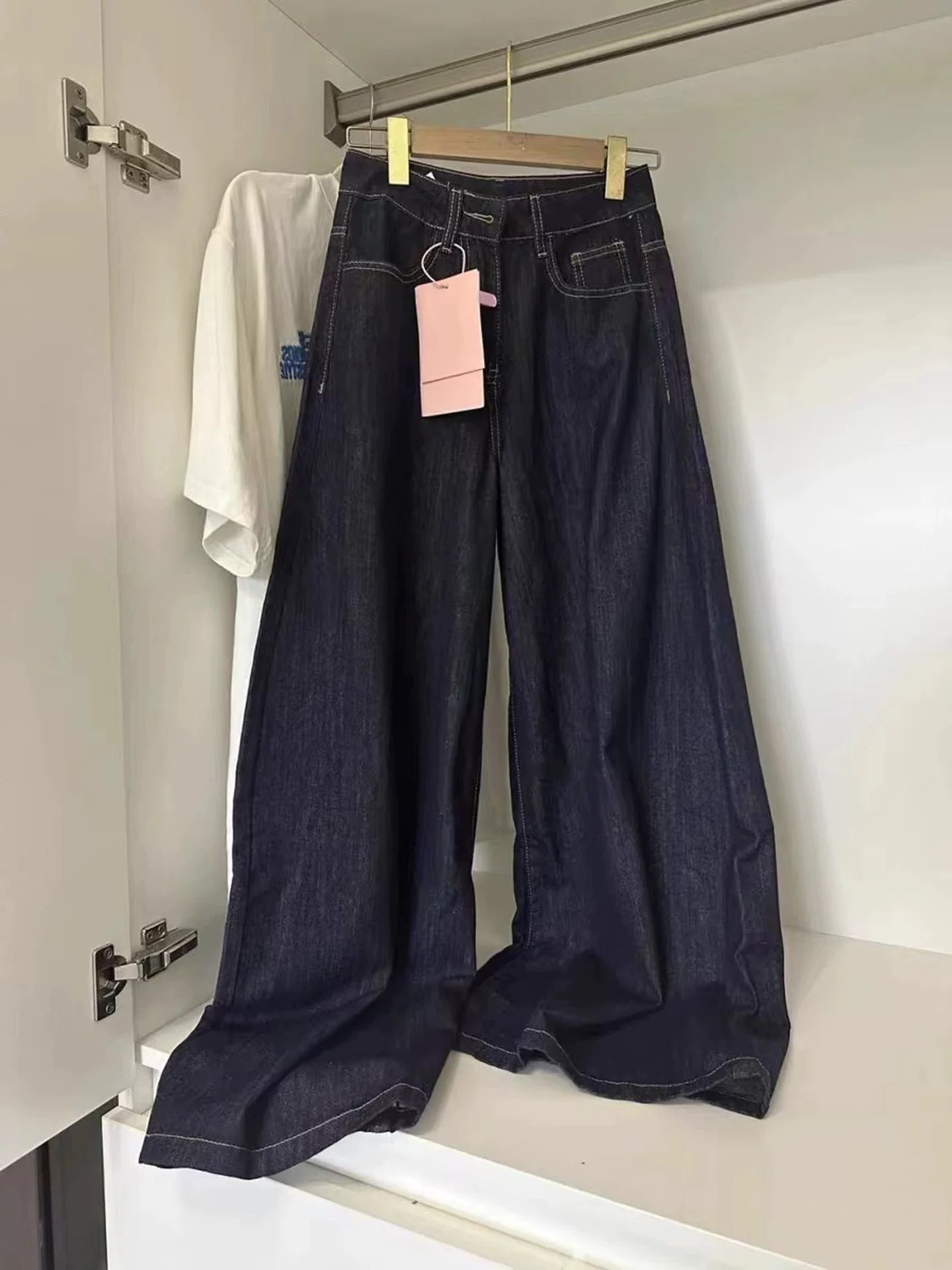 Quần jean ống rộng màu xanh đậm dành cho nữ, size lớn mùa hè, quần dài dáng rộng cạp cao mới mùa thu, dáng suông tôn dáng, dài chấm đất