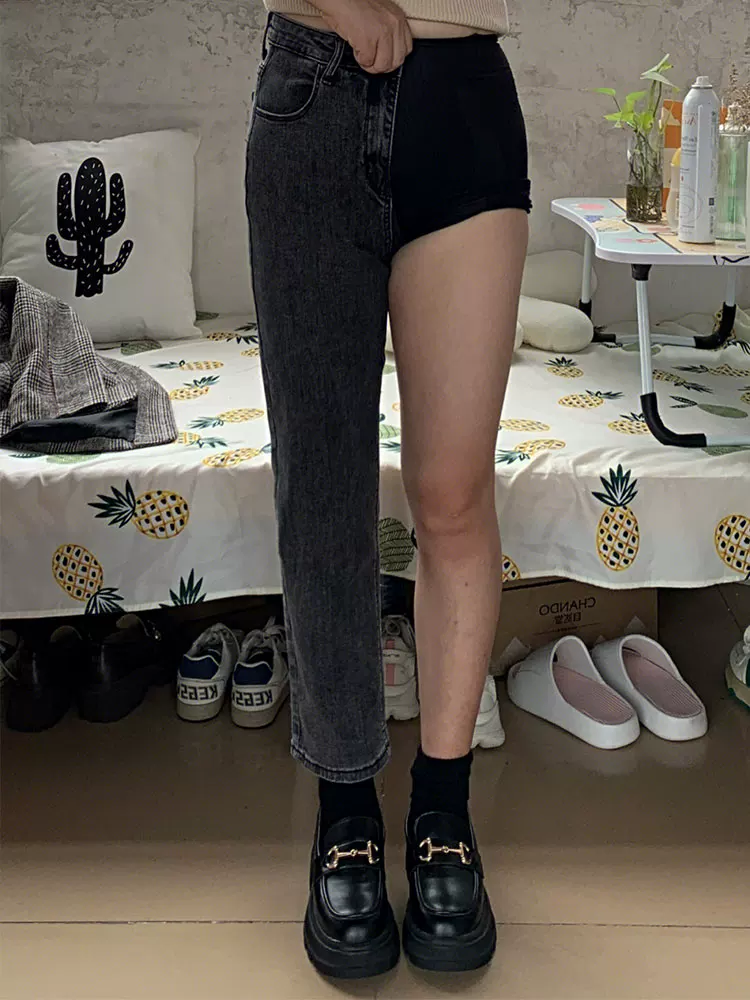 Quần jean ống đứng dáng quả lê dành cho nữ, phong cách đầu thu, cỡ lớn, lưng cao, giảm béo, nhỏ nhắn, quần thuốc lá ống lửng.
