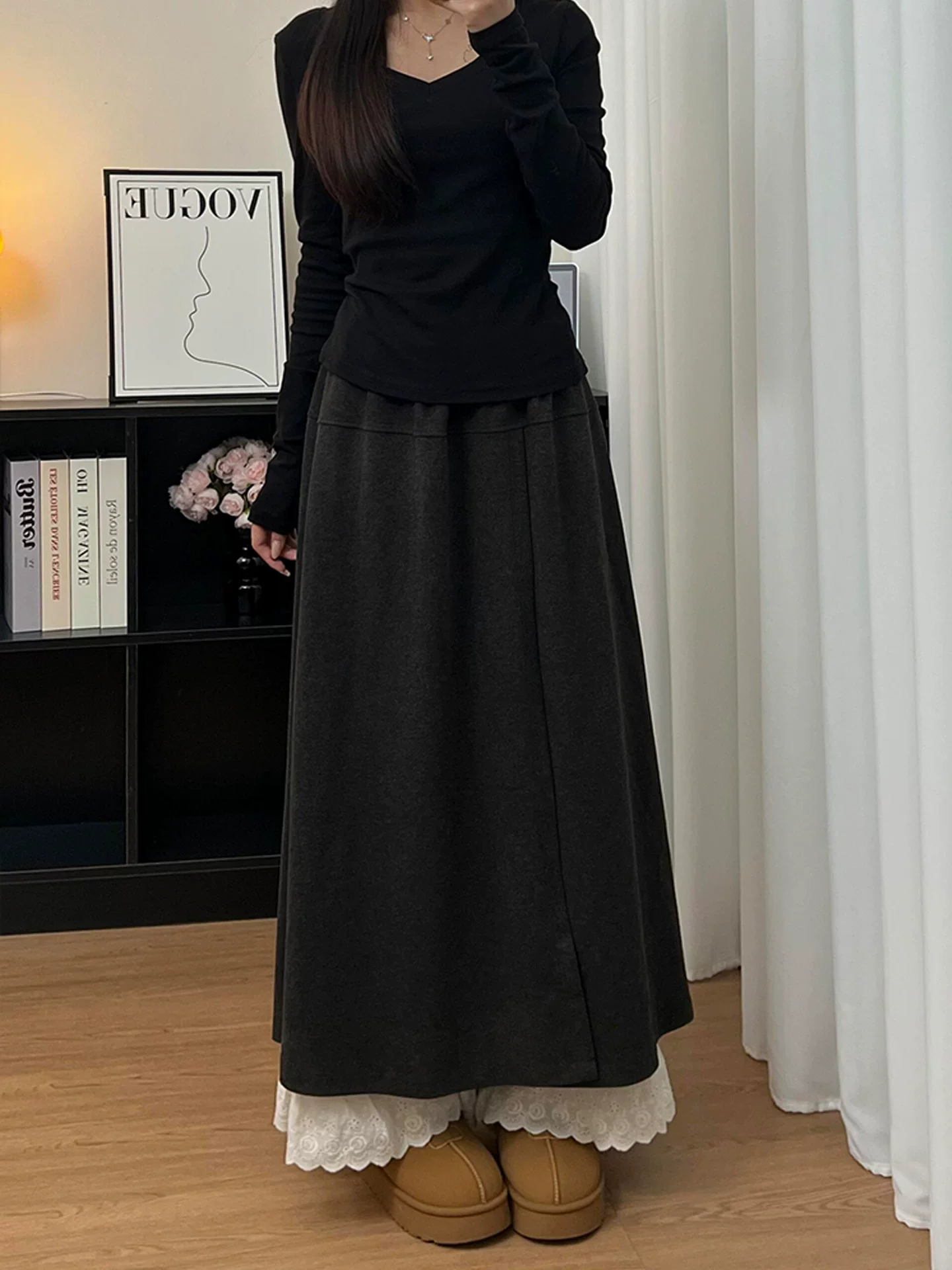 Váy chắp vá viền ren dành cho nữ, phong cách mùa thu mới, cỡ lớn, lưng cao, che hông, giảm béo, quần váy ống rộng thông thường.