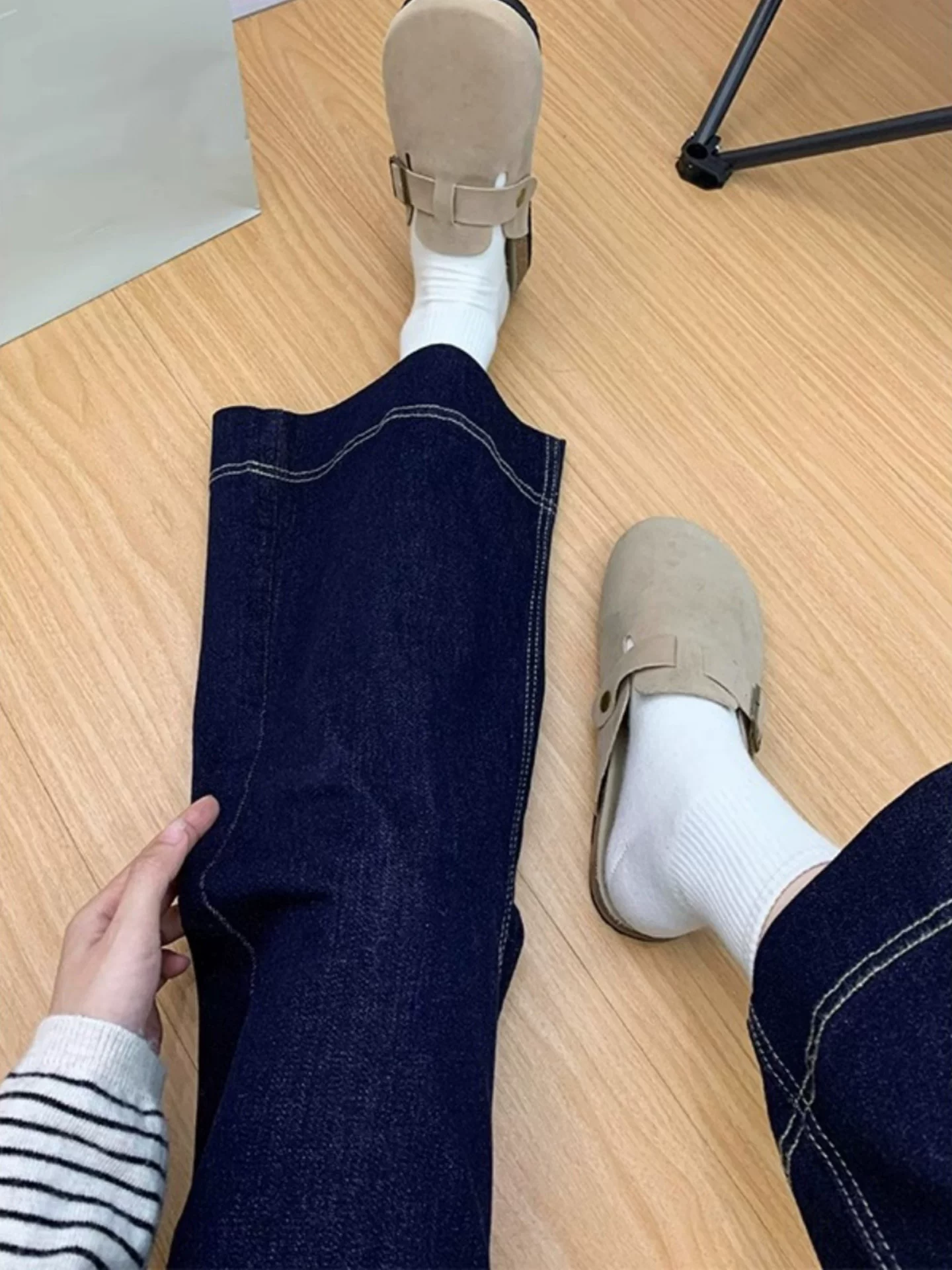 Quần jean xanh denim dáng loe nữ thu đông 2025, size lớn, cạp cao, co giãn, che hông, tôn dáng, kiểu chuông