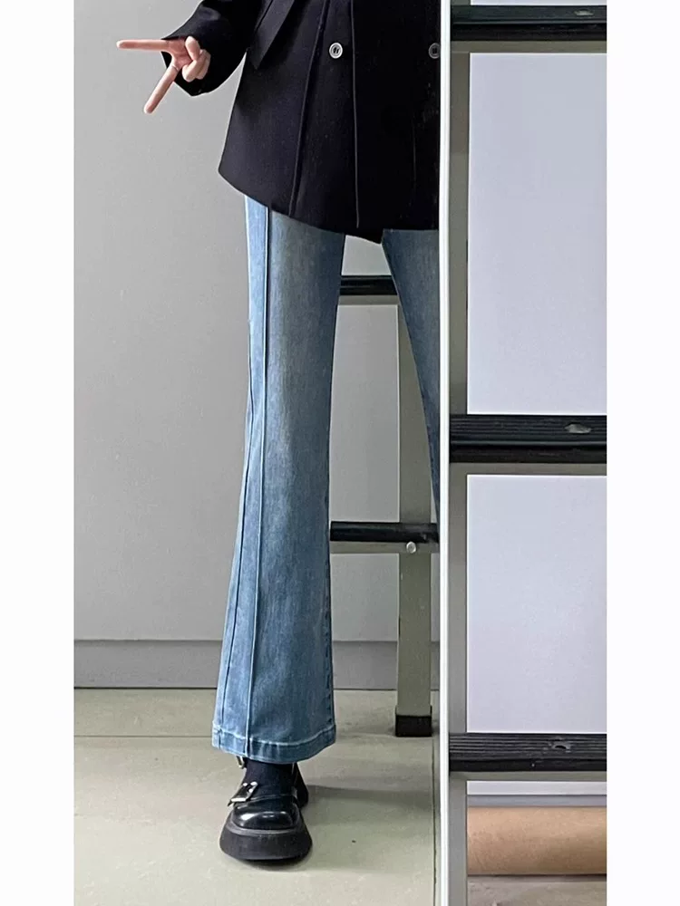 Quần jeans ống đứng xòe dành cho nữ, kiểu mới thu đông 2025, size lớn, cạp cao, co giãn, che hông, dáng quả lê, quần ống loe