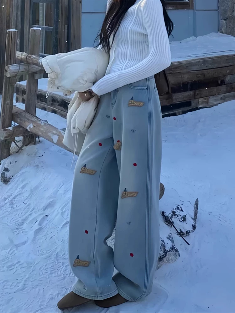 Quần jean ống đứng thêu hình chó dachshund dành cho nữ, mùa thu đông, cỡ lớn, lót lông cừu, lưng cao, dáng rộng, giảm béo, ống rộng, quần dài đến sàn