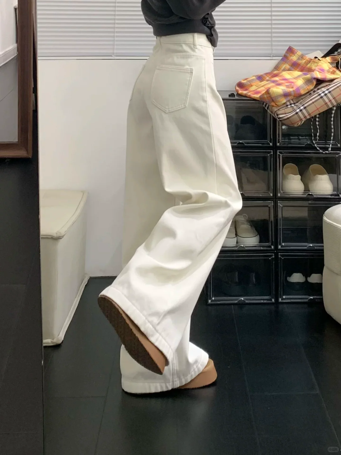 Quần jean trắng lưng cao ống rộng cho nữ, mùa đông, cỡ lớn, lót lông cừu, dày, rộng, thon gọn, dáng quả lê, quần dài chạm sàn